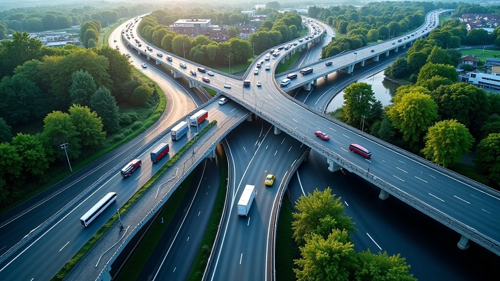 Luftaufnahme eines modernen Autobahnnetzes mit mehreren Spuren und Verkehrsflusssystem