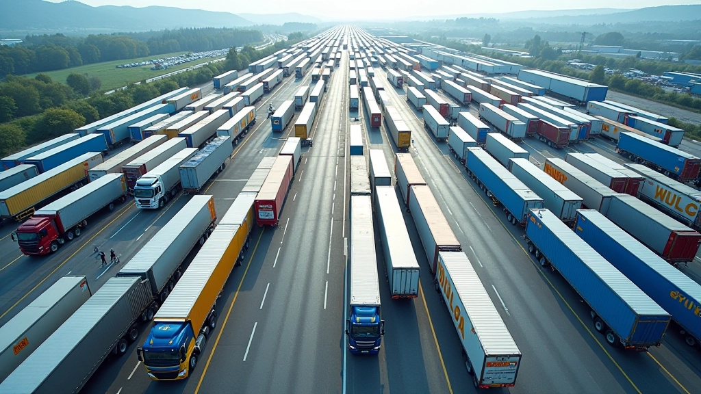 Draufsicht auf ein großes Logistik-Verteilzentrum mit farbcodierten Lagerbereichen, Transportfahrzeugen und strukturiertem Lagergelayout