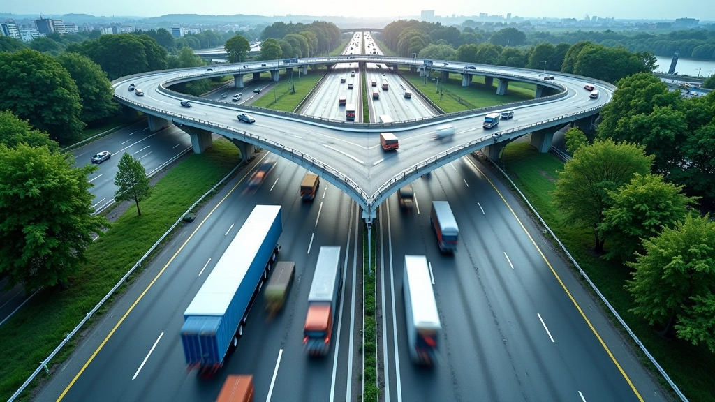 Moderne Autobahnkreuzung aus der Luft mit mehrspurigen Fahrbahnen und fließendem Verkehr