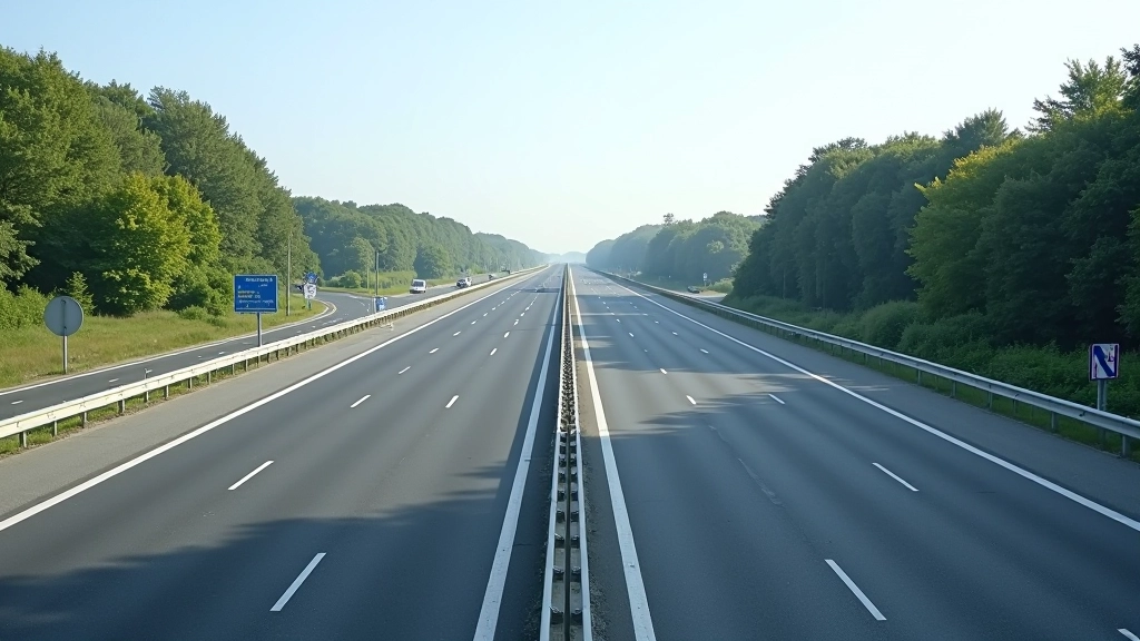 Moderne fertiggestellte Autobahn-Infrastruktur mit neuen Markierungen, Schildern und modernen Sicherheitseinrichtungen