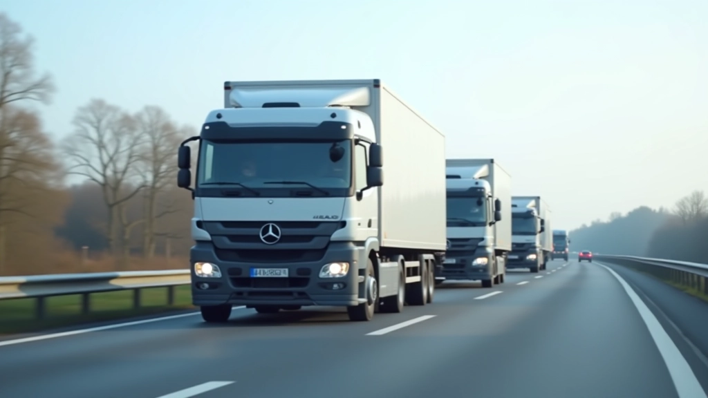 Logistik-Lastwagen in Konvoi auf moderner Autobahn, Güterverkehr und Transportinfrastruktur