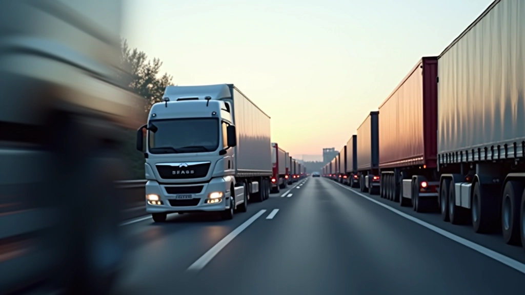 Flotte von Lastwagen auf der Autobahn, Gütertransport und Logistik-Netzwerk