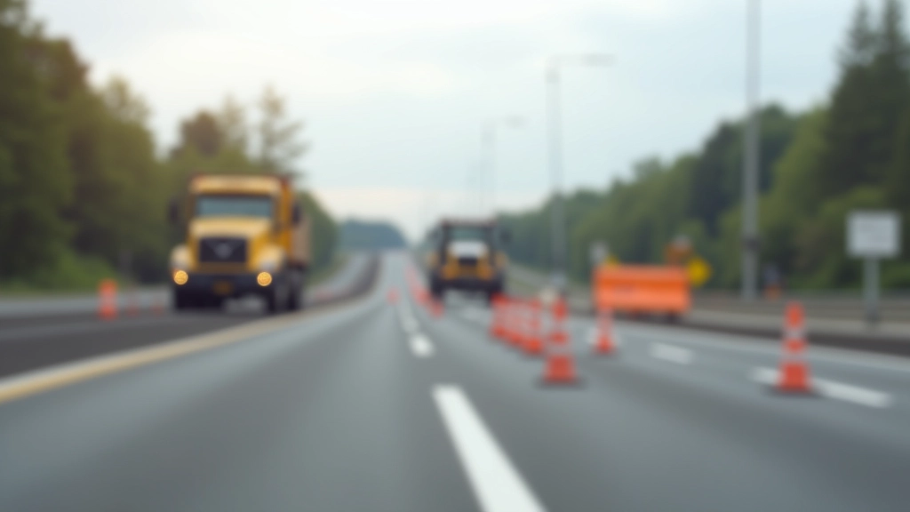 Baustelle auf der Autobahn mit Arbeitsmaschinen und Verkehrsleitkegeln, moderne Infrastrukturarbeit