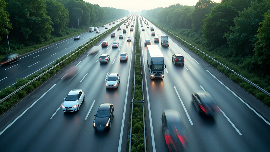 Verkehrsfluss auf der Autobahn mit organisierten Fahrzeugen in mehreren Spuren