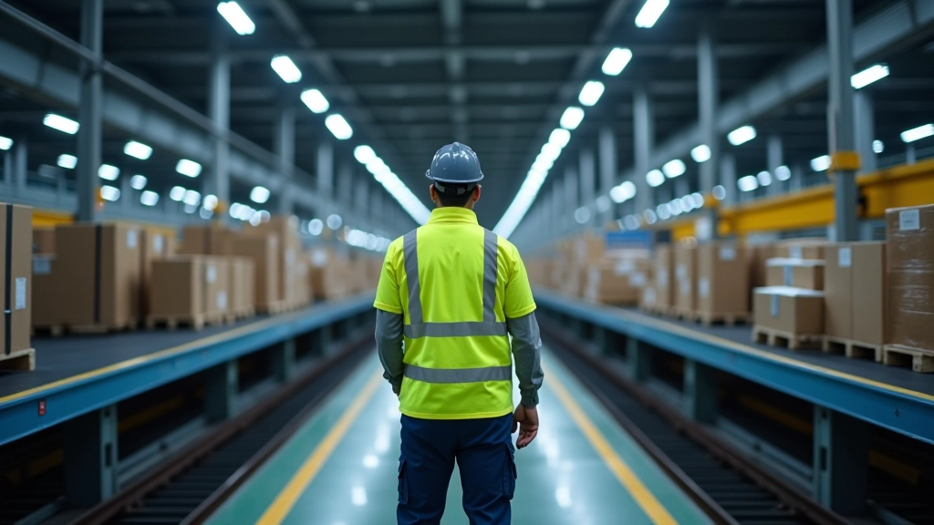 Innenansicht eines Logistik-Sortierzentrums mit Förderbändern, automatisierten Sortiersystemen und Arbeitern in Sicherheitsausrüstung