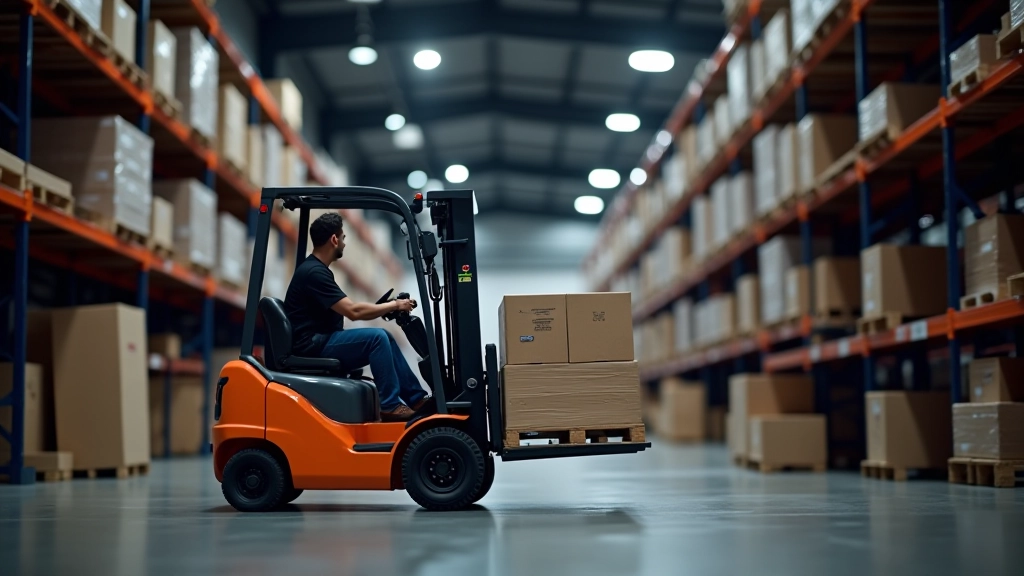 Moderner Gabelstapler hebt Pakete in einem großen Logistik-Verteilzentrum mit hohen Regalen und organisiertem Lagersystem