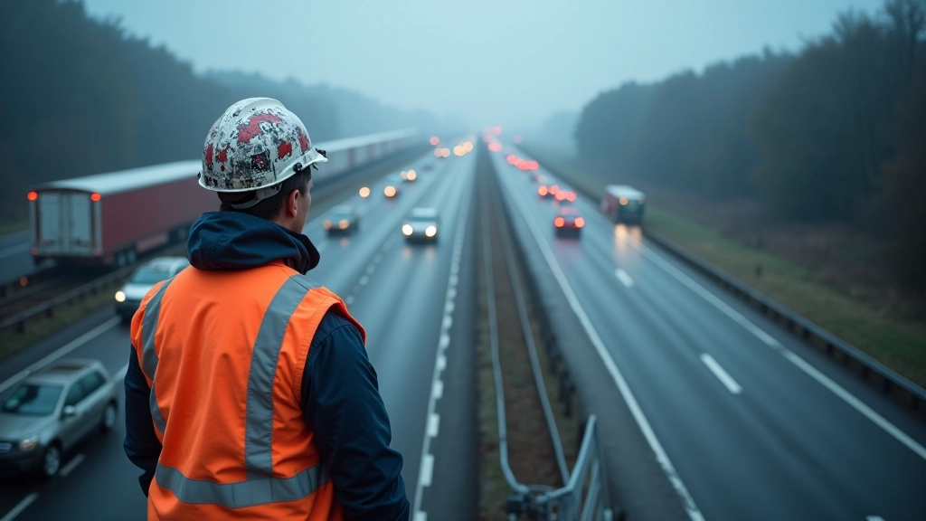 Moderne Baustelle mit digitalen Überwachungssystemen und fortgeschrittener Infrastrukturplanung an der Autobahn
