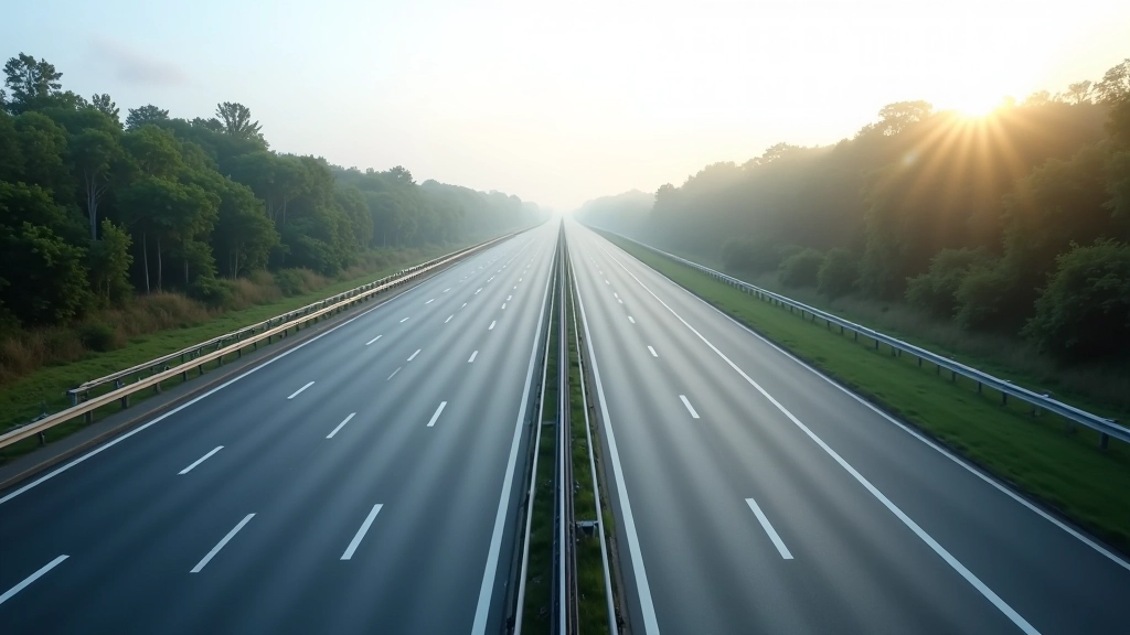 Autobahn mit mehrspurigen Fahrbahnen und modernen Straßenmarkierungen unter bewölktem Himmel