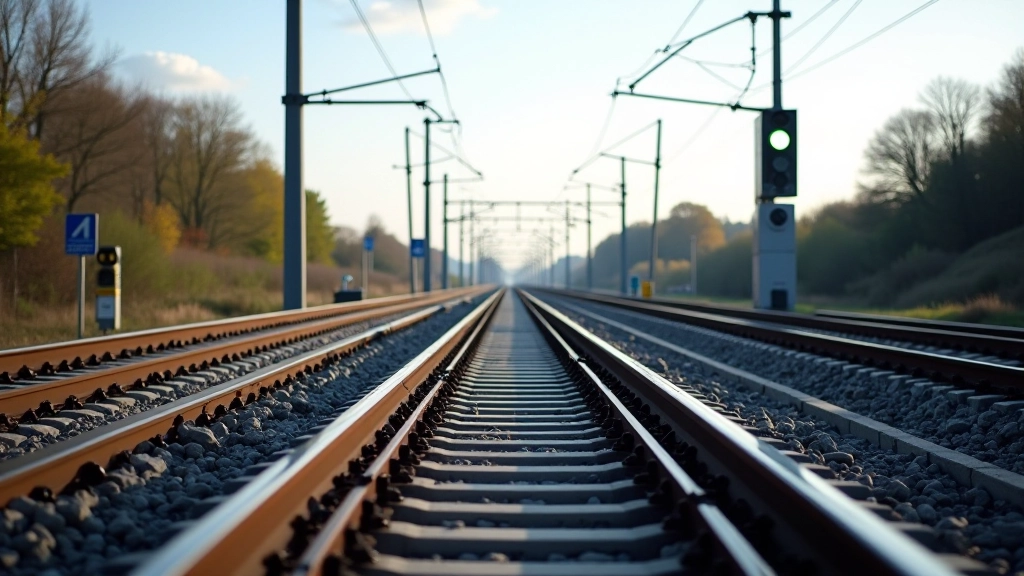 Moderne Eisenbahngleise mit gepflegter Infrastruktur und zeitgenössischen Bahnhofsfazilitäten