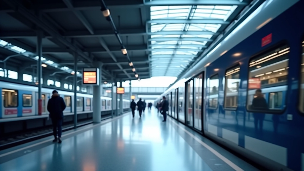 Futuristische Bahnsteighalle mit moderner Architektur, LED-Beleuchtung und digitalem Fahrgastinformationssystem