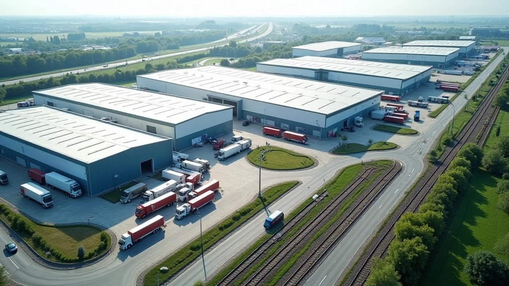 Vogelperspektive eines modernen Logistik-Hubs mit mehreren Lagerhallen, Gleisanlagen, Lastwagen-Stellplätzen und Transportfahrzeugen